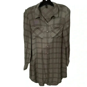 Eileen Fisher silk gray plaid button up short dress size XXS perfect condition